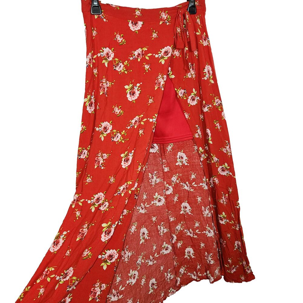Charlotte Russe Women's Red Floral Front Slit Faux Wrap Maxi Skirt Size M